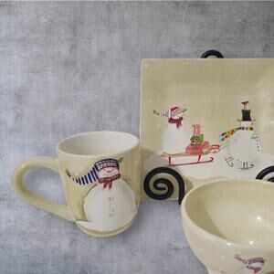 Oneida 3 piece set  Snowmates Cream  Christmas Bowl Plate Cup Earthenware